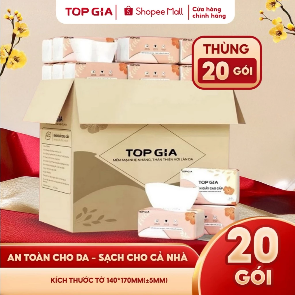 Thùng 20 gói giấy ăn TopGia Sắc Hạ dập vân 4D 240 tờ mềm mịn siêu dai 140x170mm, thùng 16/30/36/40 gói