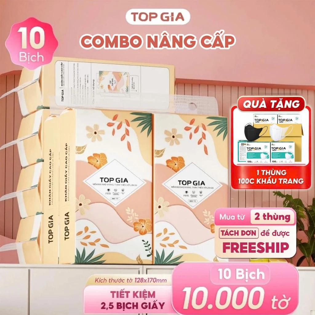 (COMBO SỨC KHỎE) Thùng 10 bịch rút đáy tiểu hạ Top Gia 1000 tờ tặng 1 thùng 100 chiếc khẩu trang cao cấp