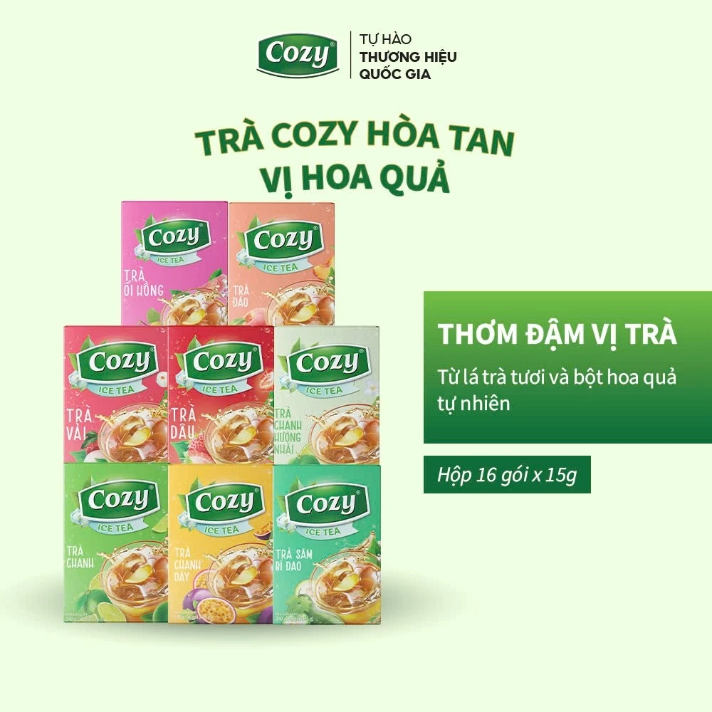 Trà Cozy Trà Đen Hòa Tan Các Vị Trái Cây Trà Đào, Gừng, Chanh, Vải, Dâu, Ổi hồng, Chanh dây, Sâm Bí Đao