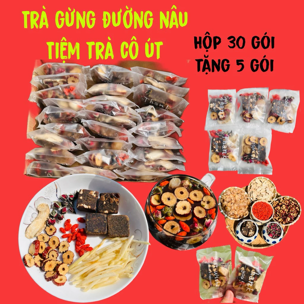 Trà Gừng Đường Nâu Thảo Mộc- [TẶNG 5GÓI] - HỘP 30 GÓI, Tiệm Trà Cô Út, giảm hàn lạnh, ấm bụng NGÀY DÂU, Tea, Nước Trà