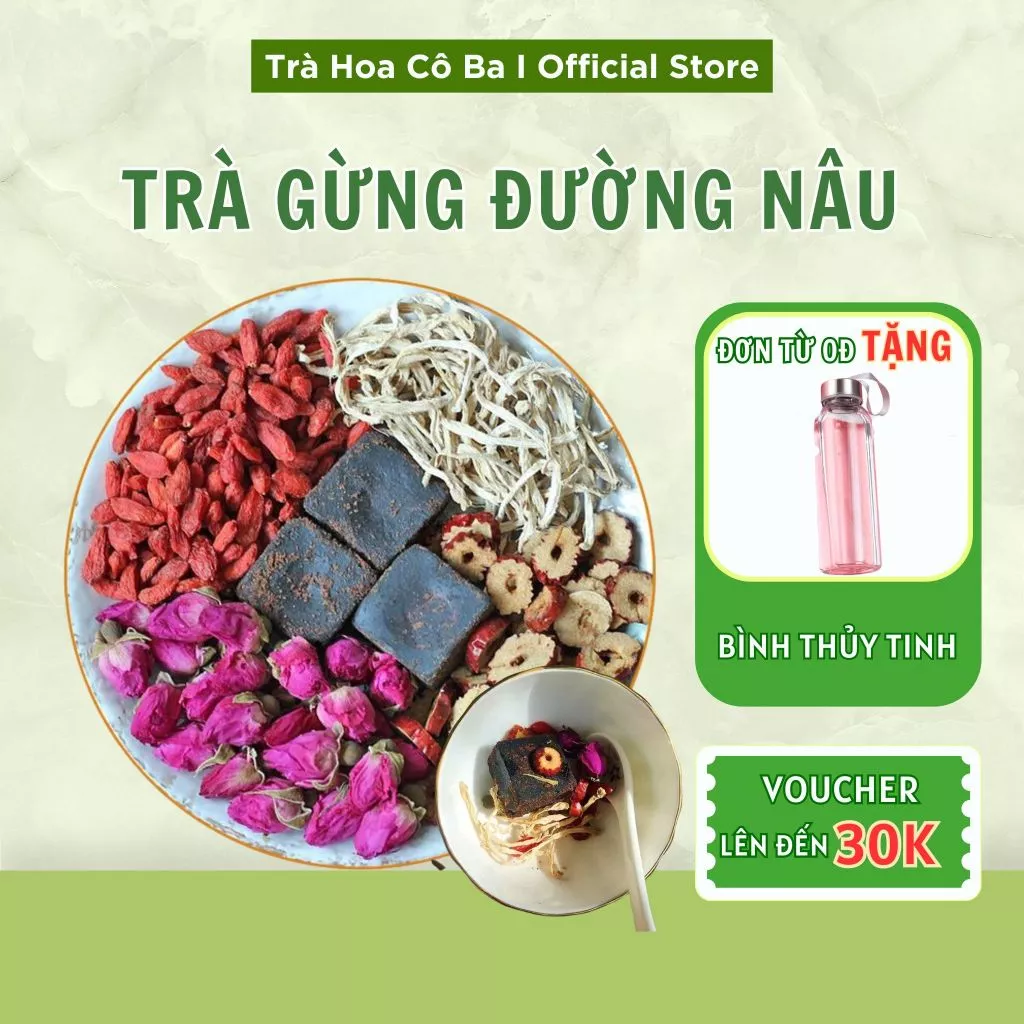 Trà thảo mộc đường nâu, Trà Gừng Đường Nâu Hộp 30 gói Trà Hoa Cô Ba giảm đau bụng kinh, bổ máu giữ ấm cơ thể