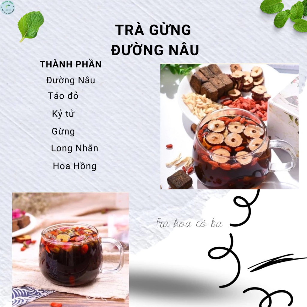 Trà thảo mộc đường nâu, Trà Gừng Đường Nâu Hộp 30 gói Trà Hoa Cô Ba giảm đau bụng kinh, bổ máu giữ ấm cơ thể - 2