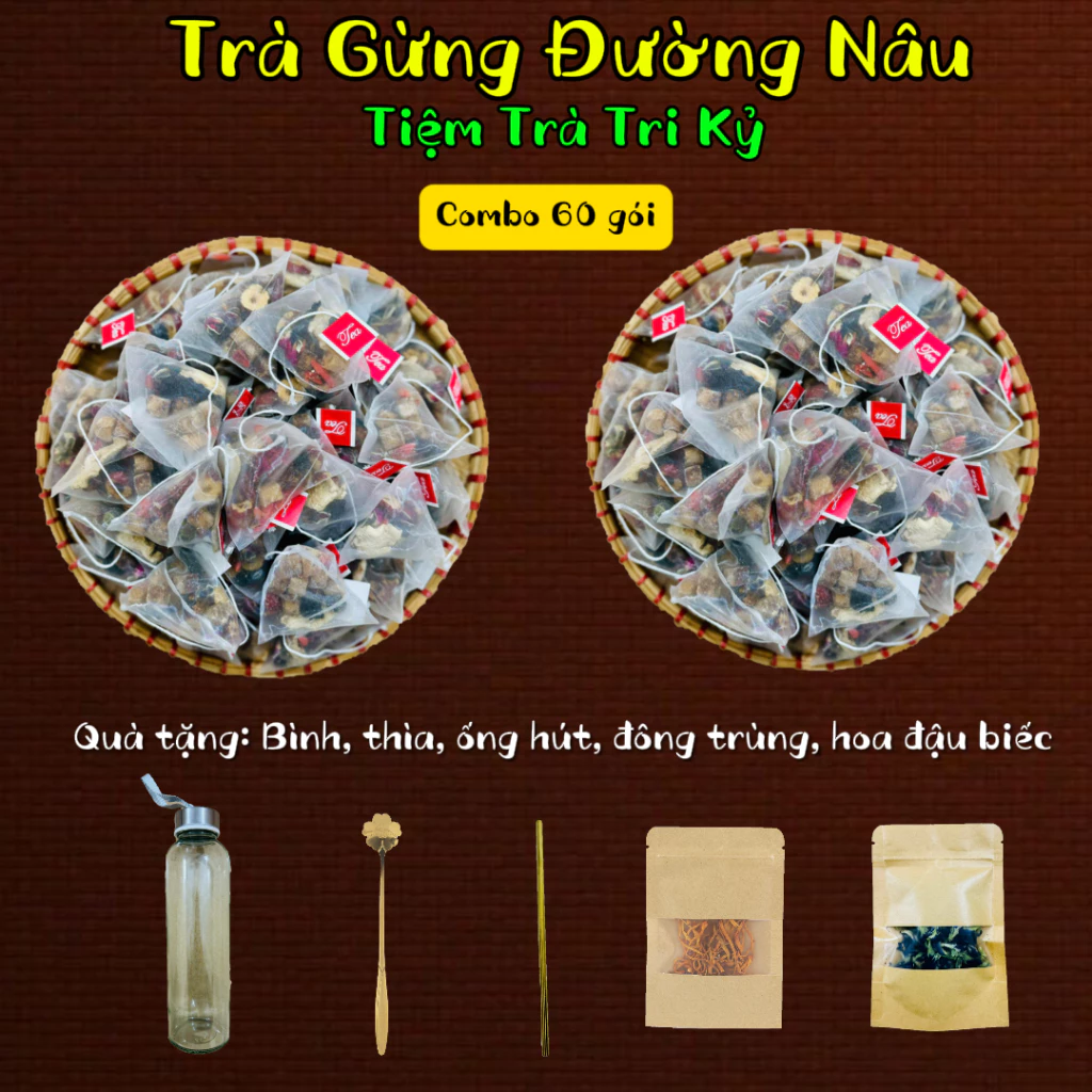 Trà Gừng Đường Nâu - Tiệm Trà Tri Kỷ - Thành Phần: Gừng, táo đỏ, kỷ tử, nụ hồng, dâu tằm, đường nâu