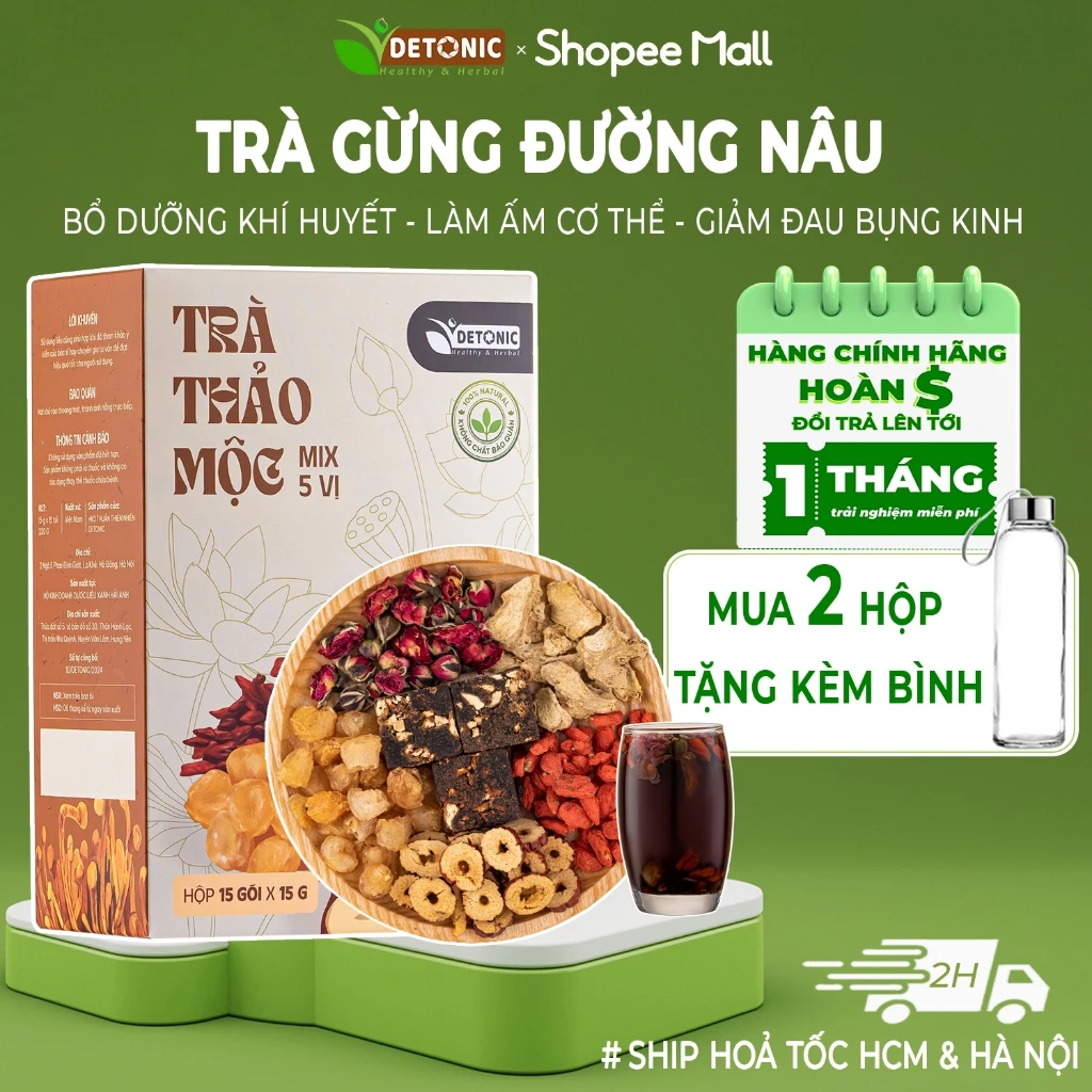 Trà gừng đường nâu DETONIC trà gừng công dụng bổ máu, làm ấm tử cung, giảm đau bụng kinh, giữ ấm cơ thể