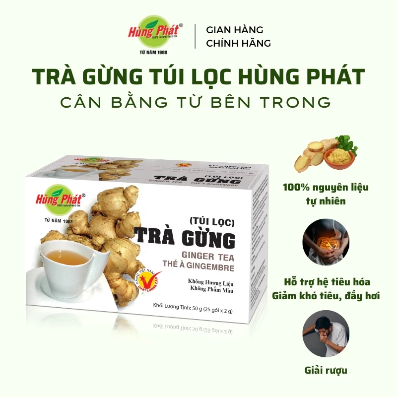 Trà Gừng Túi Lọc Hùng Phát - TGTL - Hộp 50G 25 Gói Từ Gừng Già - Đạt chuẩn ISO HACCP