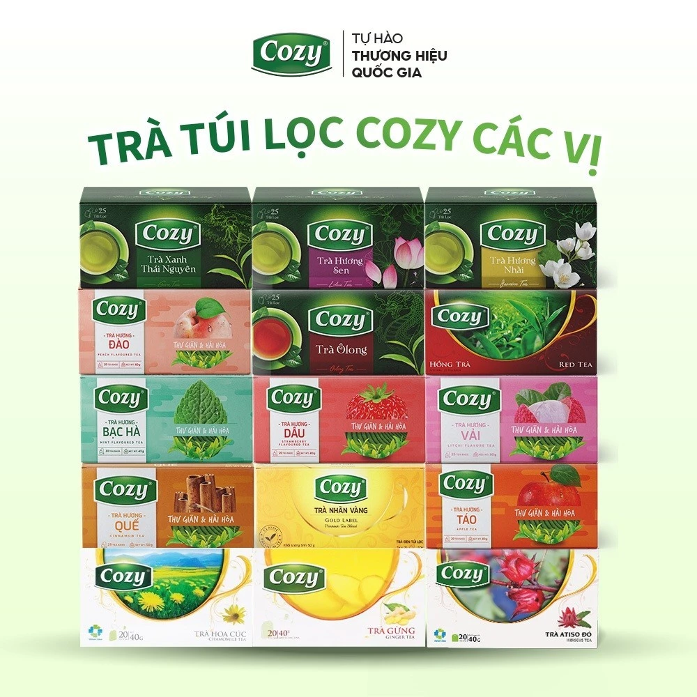 Trà Túi Lọc Cozy Các Vị, Trà Ô Long, Xanh, Nhài, Gừng, Hồng Trà, Sen, Đào, Dâu, Vải, Quế, Bạc Hà Hộp 25