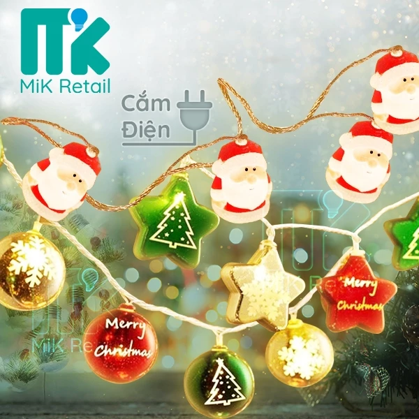 Dây Đèn Led Trang Trí Noel Cắm Điện – Ông Già Noel, Ngôi Sao, Bông Tuyết, Quả Châu Giáng Sinh