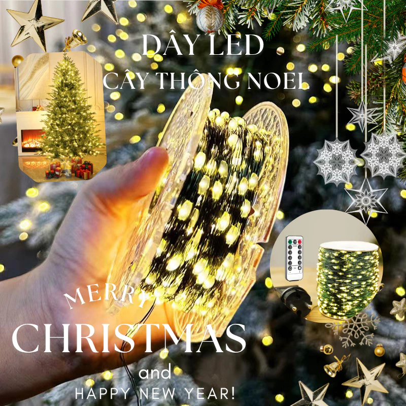 Dây Đèn Led Trang Trí Cây Thông Giáng Sinh Noel, Đèn Led Hạt Gạo Dây Đồng Xanh Lá Kèm Remote