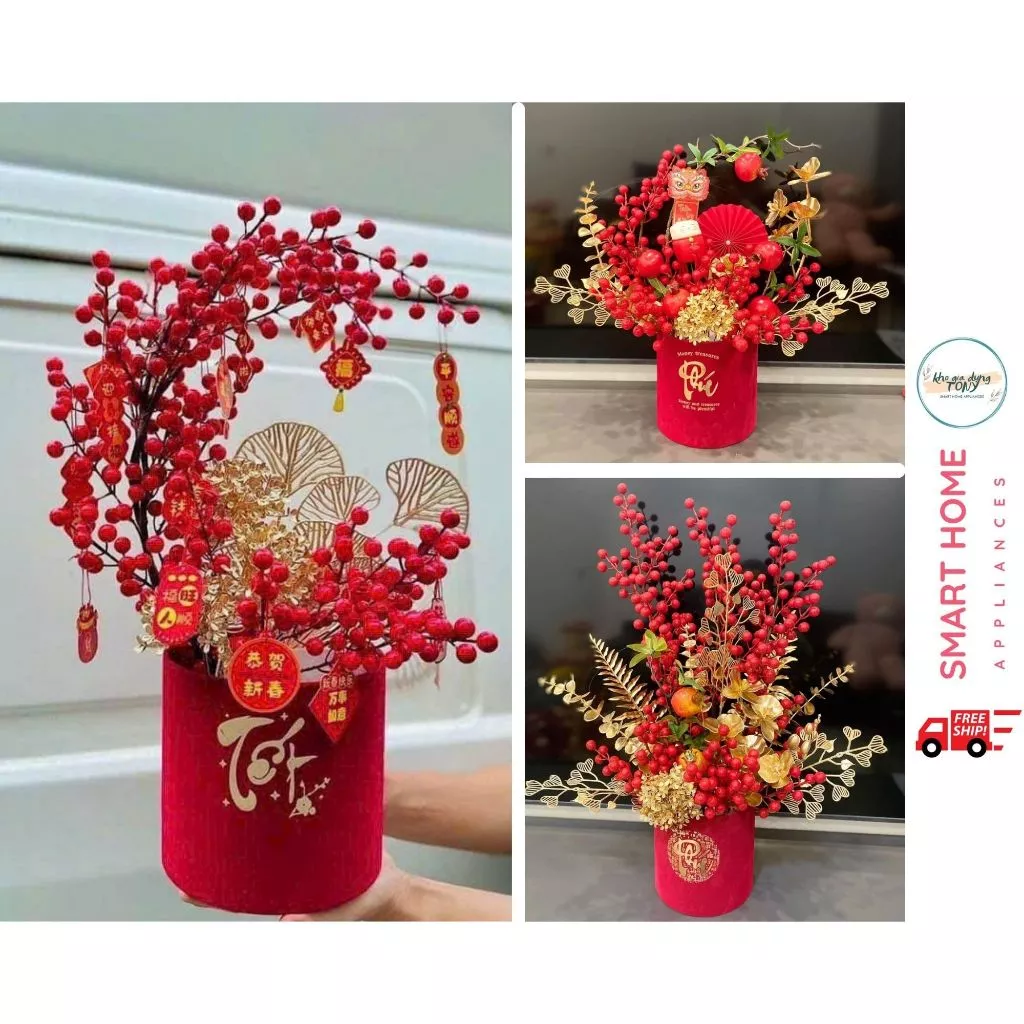 Trụ Nhung Đỏ May Mắn Cắm Hoa Đông Đào, Phụ Kiện Đã Mix Sẵn, Sang Chảnh, Tiện Lợi