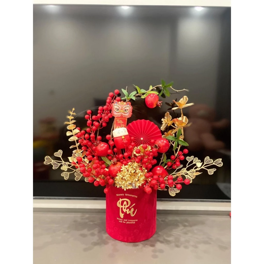 Trụ Nhung Đỏ May Mắn Cắm Hoa Đông Đào, Phụ Kiện Đã Mix Sẵn, Sang Chảnh, Tiện Lợi - 4