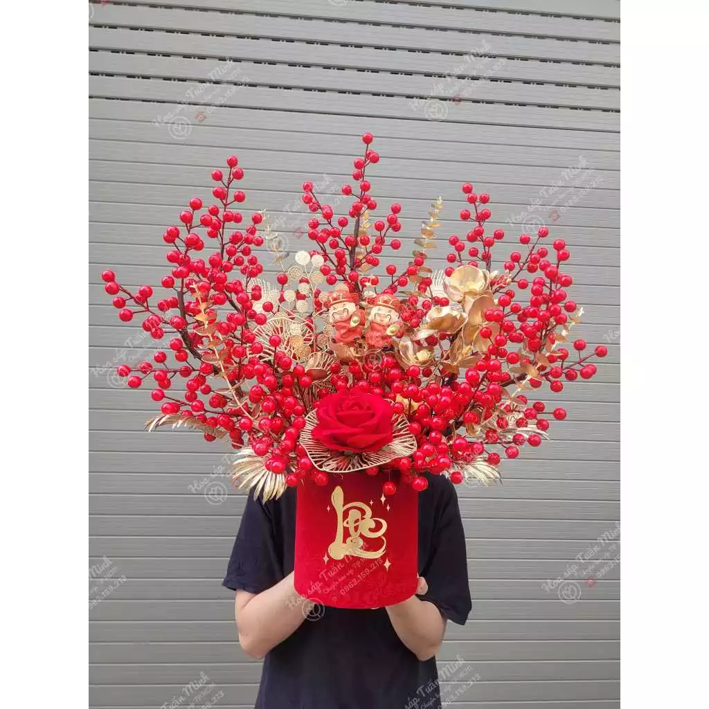 Trụ Nhung Đỏ May Mắn Cắm Hoa Đông Đào, Phụ Kiện Đã Mix Sẵn, Sang Chảnh, Tiện Lợi - 5