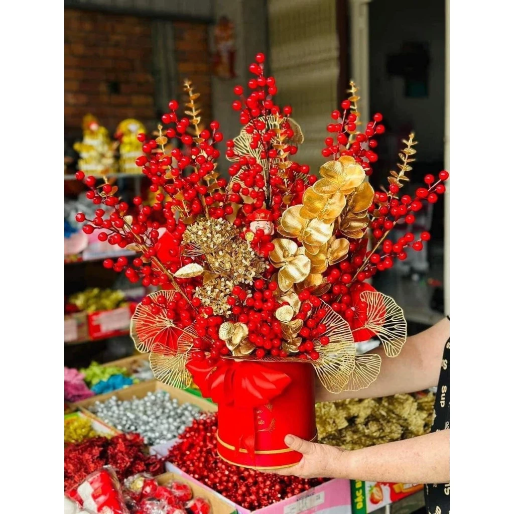 Trụ Nhung Đỏ May Mắn Cắm Hoa Đông Đào, Phụ Kiện Đã Mix Sẵn, Sang Chảnh, Tiện Lợi - 6