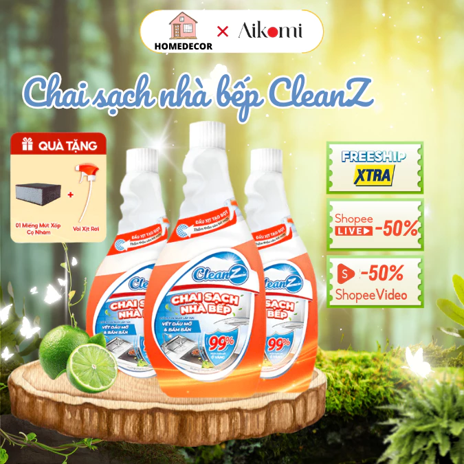Combo chai sạch nhà bếp CleanZ, chai làm sạch dầu mỡ, mảng bám ố vàng hương chanh dịu nhẹ