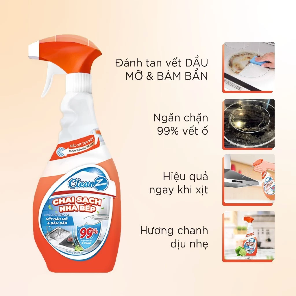 Combo chai sạch nhà bếp CleanZ, chai làm sạch dầu mỡ, mảng bám ố vàng hương chanh dịu nhẹ - 4