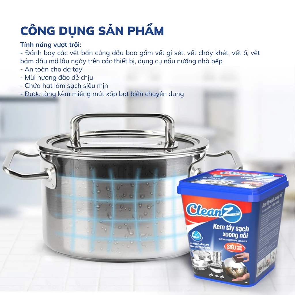 Hộp kem tẩy xoong nồi CleanZ 500g, kem tẩy rửa đa năng, đánh bay mọi cặn bẩn, ố vàng, làm trắng xoong nồi nhà bếp - 6