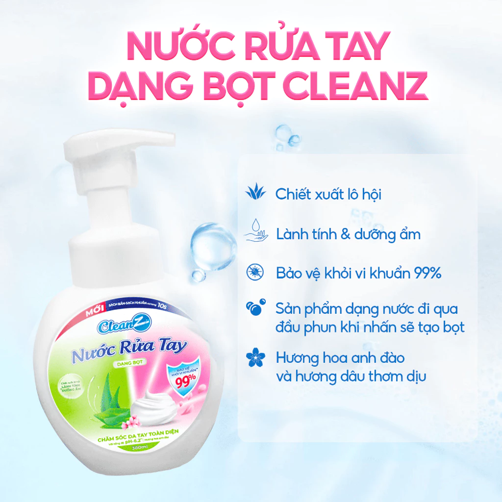 Nước rửa tay dạng bọt CleanZ chiết xuất lô hội, giúp làm sạch, khử khuẩn, an toàn với da tay - Lọ 300ml