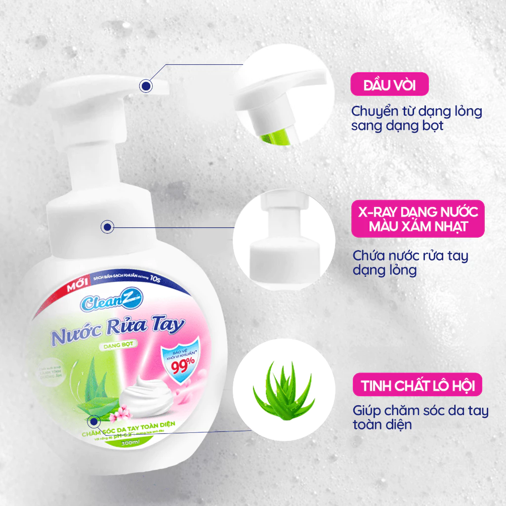 Nước rửa tay dạng bọt CleanZ chiết xuất lô hội, giúp làm sạch, khử khuẩn, an toàn với da tay - Lọ 300ml - 2