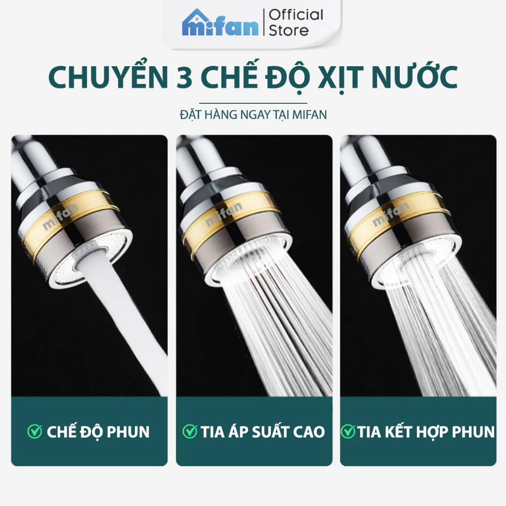 Đầu vòi rửa bát tăng áp đồng thau inox 304 cao cấp Mifan - 3 Chế độ phun cực mạnh, xoay 360 - Sử dụng cho bồn rửa chén - 5