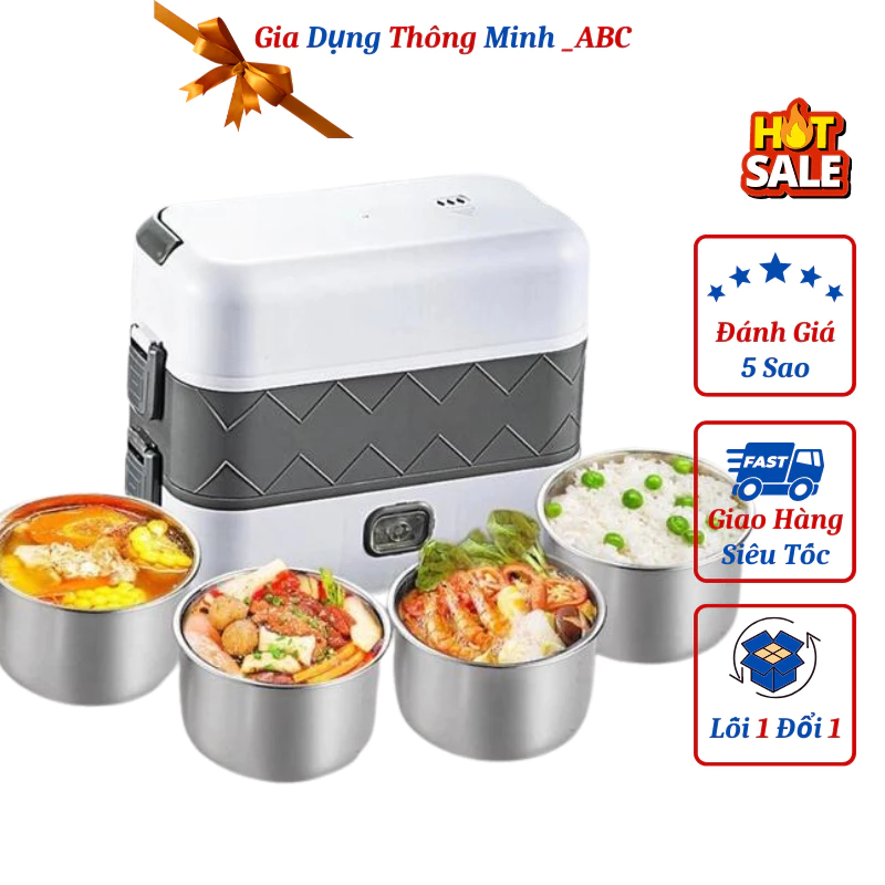 Hộp đựng cơm cắm điện 3 tầng Bear cao cấp, hộp cơm giữ nhiệt văn phòng tự nấu chín thức ăn ruột inox hàng hiệu - HC2 - 2