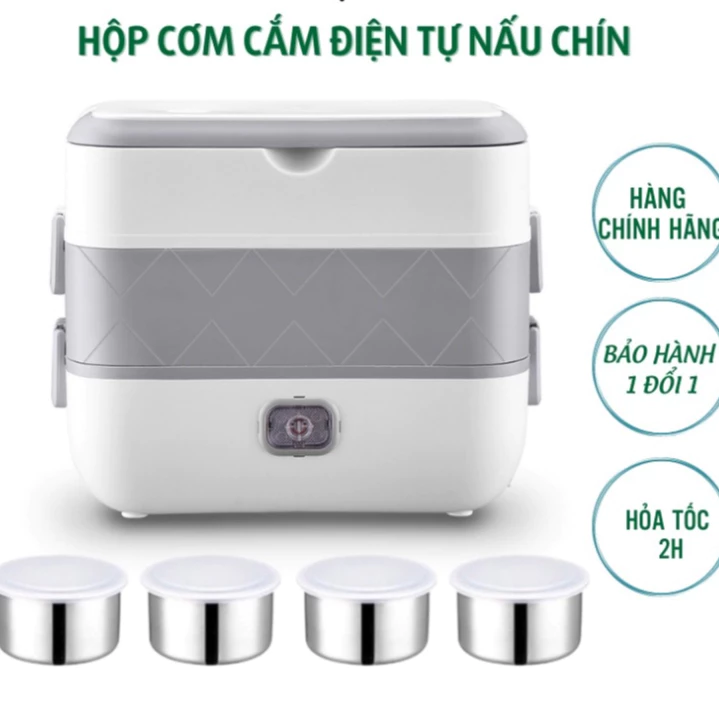 Hộp đựng cơm cắm điện 3 tầng Bear cao cấp, hộp cơm giữ nhiệt văn phòng tự nấu chín thức ăn ruột inox hàng hiệu - HC2 - 4