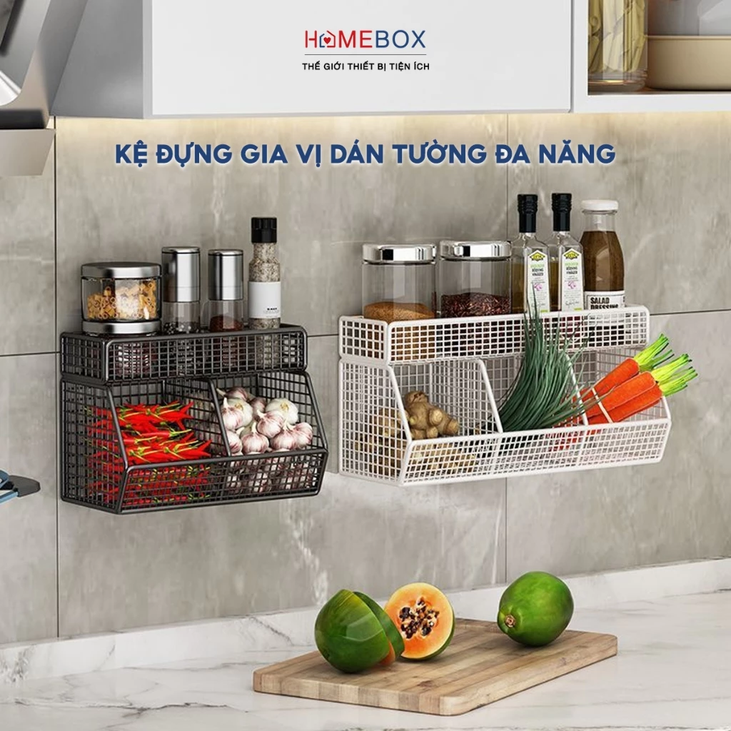 Kệ Đựng Gia Vị Dán Tường Không Khoan Đục, Giỏ Đựng Hành Tỏi Đồ Dùng Nhà Bếp Thép Sơn Chống Rỉ