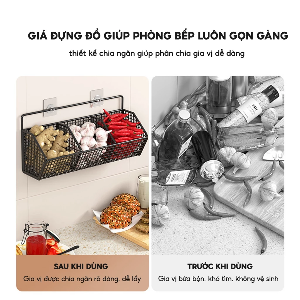 Kệ Đựng Gia Vị Dán Tường Không Khoan Đục, Giỏ Đựng Hành Tỏi Đồ Dùng Nhà Bếp Thép Sơn Chống Rỉ - 2