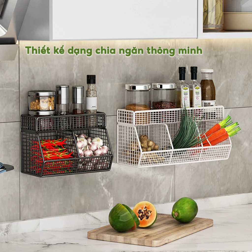 Kệ Đựng Gia Vị Dán Tường Không Khoan Đục, Giỏ Đựng Hành Tỏi Đồ Dùng Nhà Bếp Thép Sơn Chống Rỉ - 3