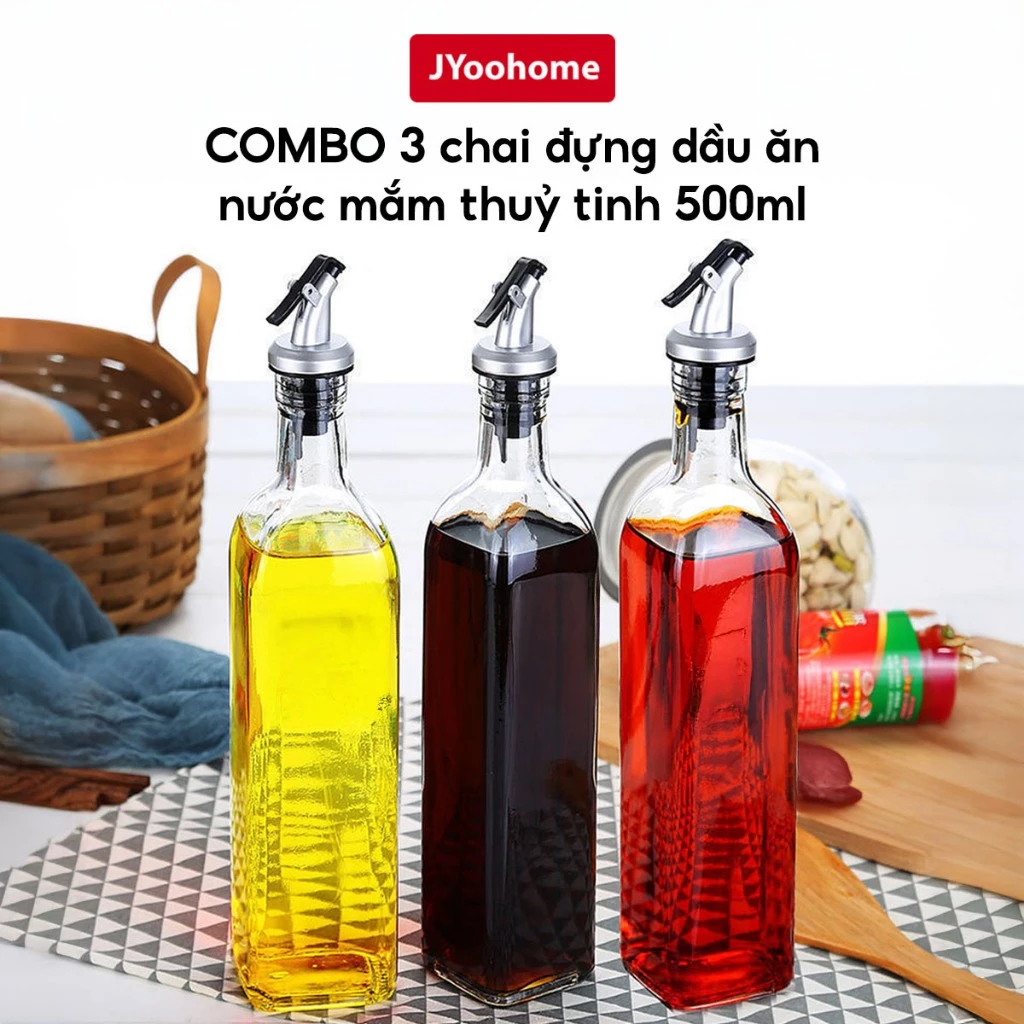 COMBO 3 Chai Đựng Dầu Ăn Thuỷ Tinh Có Vòi Rót, Bình Đựng Nước Mắm Gia Vị Vuông 500ml Tiện Lợi