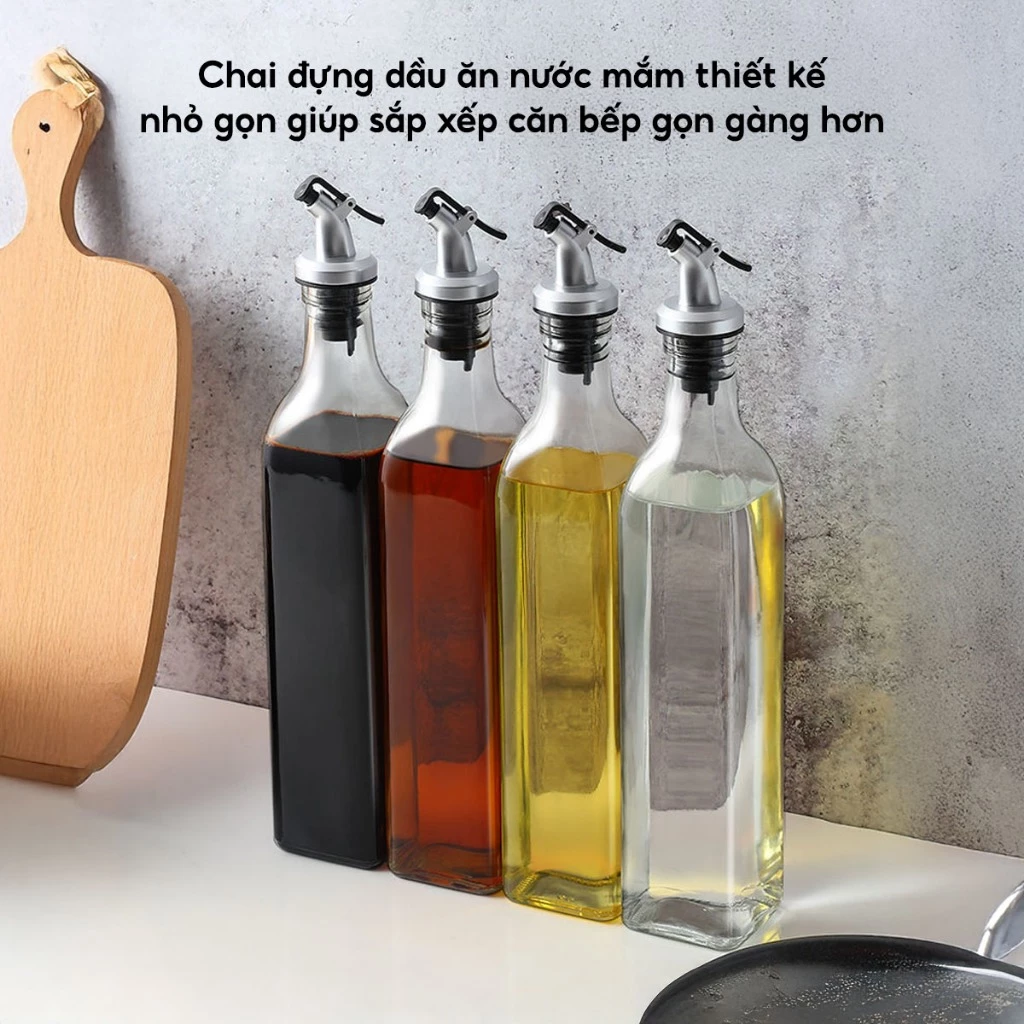 COMBO 3 Chai Đựng Dầu Ăn Thuỷ Tinh Có Vòi Rót, Bình Đựng Nước Mắm Gia Vị Vuông 500ml Tiện Lợi - 3