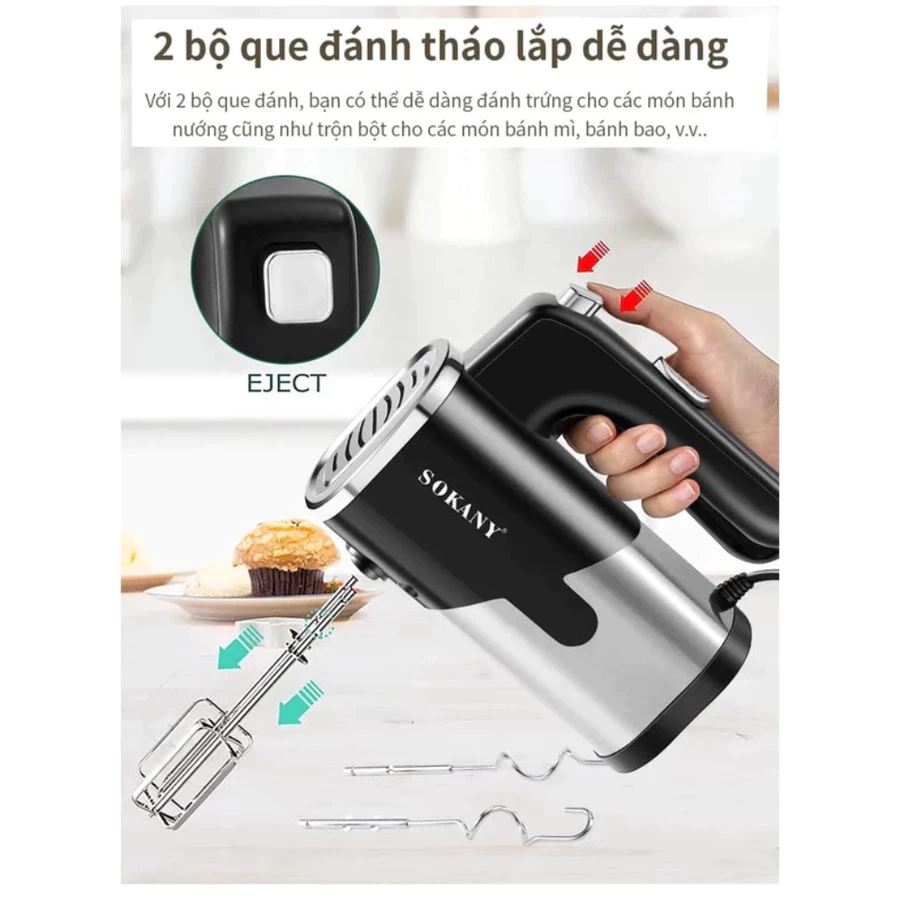 Máy Đánh Trứng Sokany SK-6621 Công Suất 800W, 5 Tốc Độ Điều Chỉnh, Tặng 4 Que Đánh Inox 304, Làm Bánh Tiện Dụng - 4