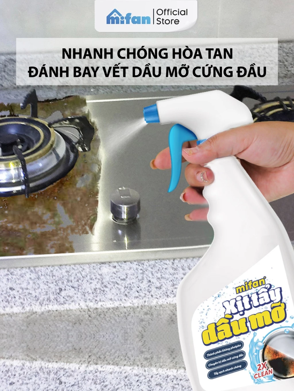 Xịt Tẩy Dầu Mỡ Nhà Bếp Mifan 500ml - Vệ sinh vết bẩn cứng đầu trên tường sàn, bếp ga, lưới máy hút mùi, xoong nồi, chảo - 3