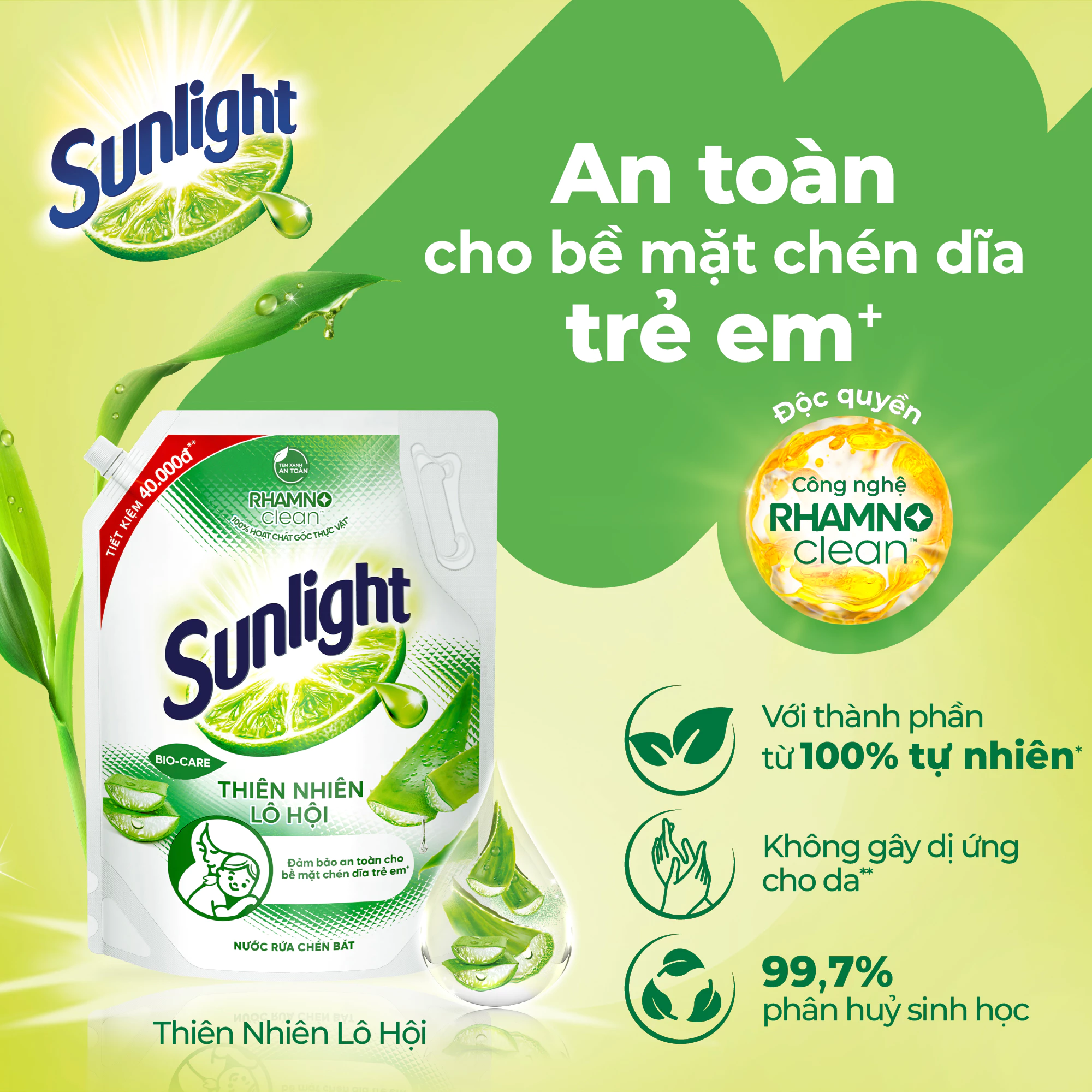 Nước rửa chén Sunlight Bio-care với thành phần từ 100% tự nhiên Túi 3.3kg - 3