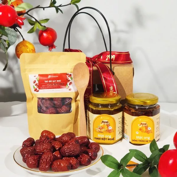 Hộp quà 20/11 tặng thầy cô gồm: Mật ong tinh bột nghệ, mật ong đông trùng kèm táo đỏ hỗ trợ dạ dày, tốt cho sức khỏe - 2
