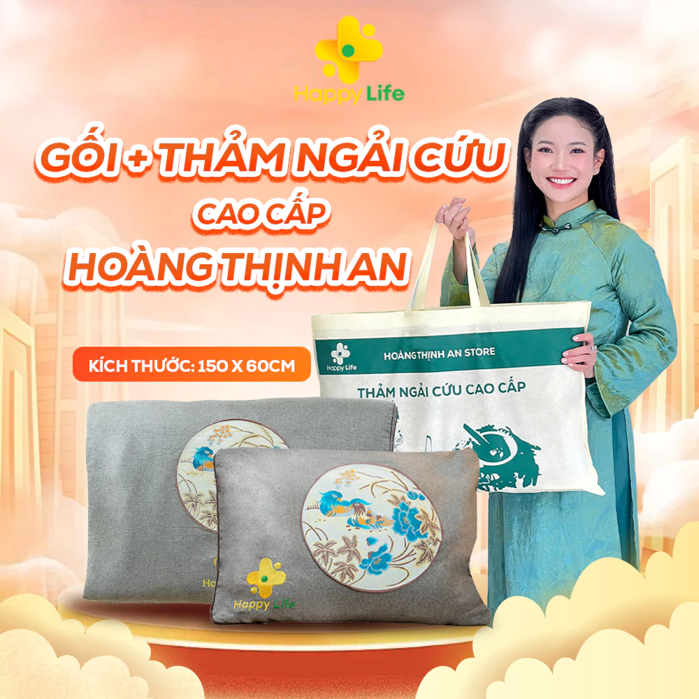 Combo Thảm Và Gối Ngải Cứu Hoàng Thịnh An Cao Cấp Chính Hãng, Thải Điện, Đệm Sưởi Ngải Cứu Đông Y