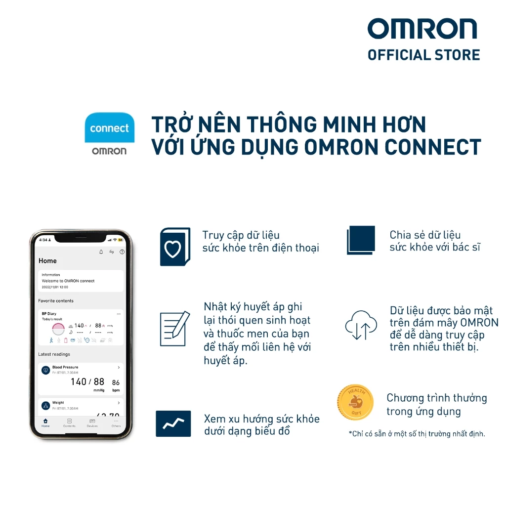 Máy Đo Huyết Áp Bluetooth OMRON - Bảo Hành 5 Năm - HEM-7140T1 - Kết nối điện thoại thông minh - 6