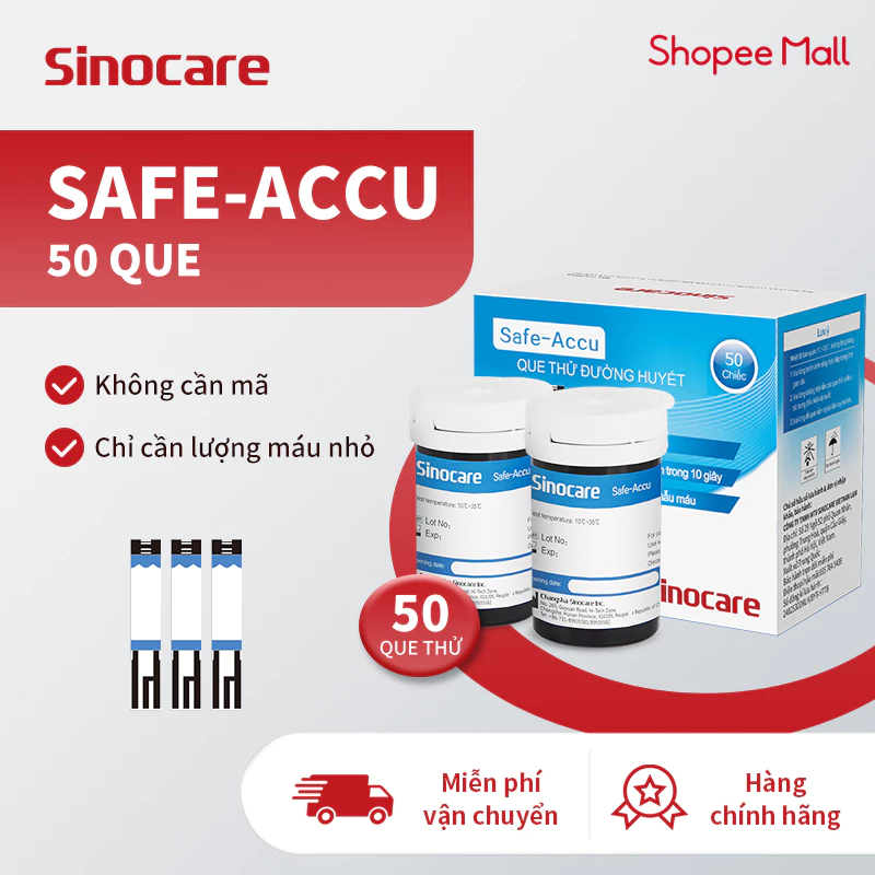 Que Thử Đường Huyết Hộp 50 Que Safe Accu Tặng Kèm 50 Kim Chính Hãng Sinocare