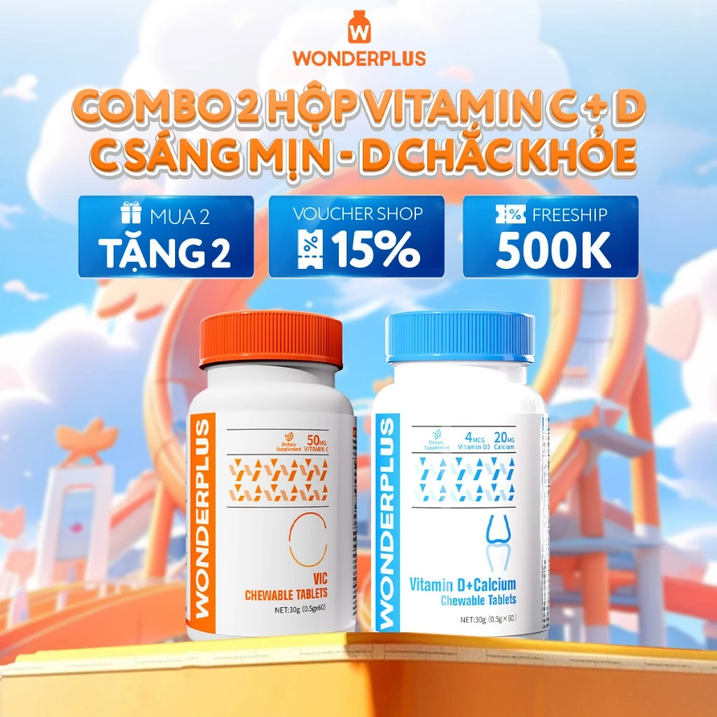 Combo Viên Nhai Bổ Sung Vitamin C 60 Viên + Vitamin D Wonderplus Giúp Làn Da Rạng Rỡ Giúp Xương Chắc Khoẻ Hộp 60 Viên