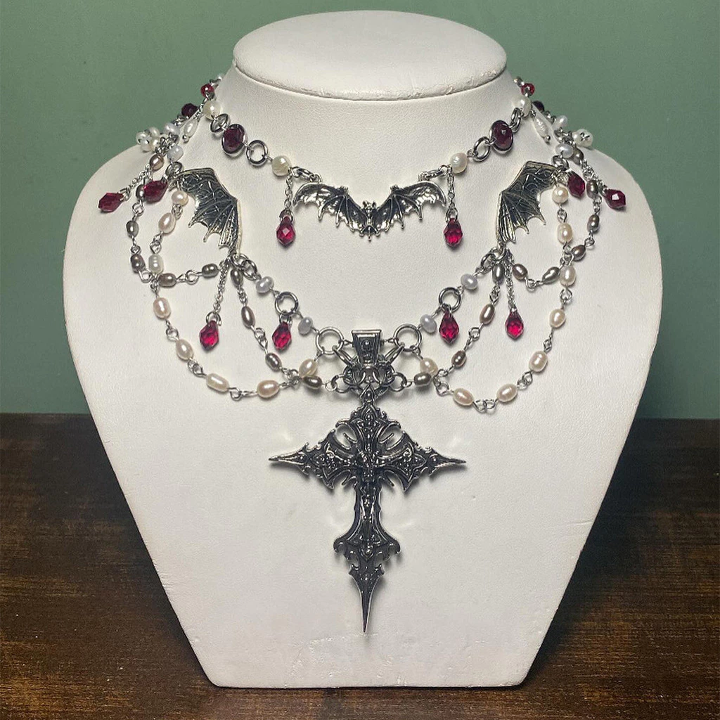 Vòng cổ chữ thập Halloween phong cách retro tối màu, công nghiệp nặng với chuỗi xương đòn