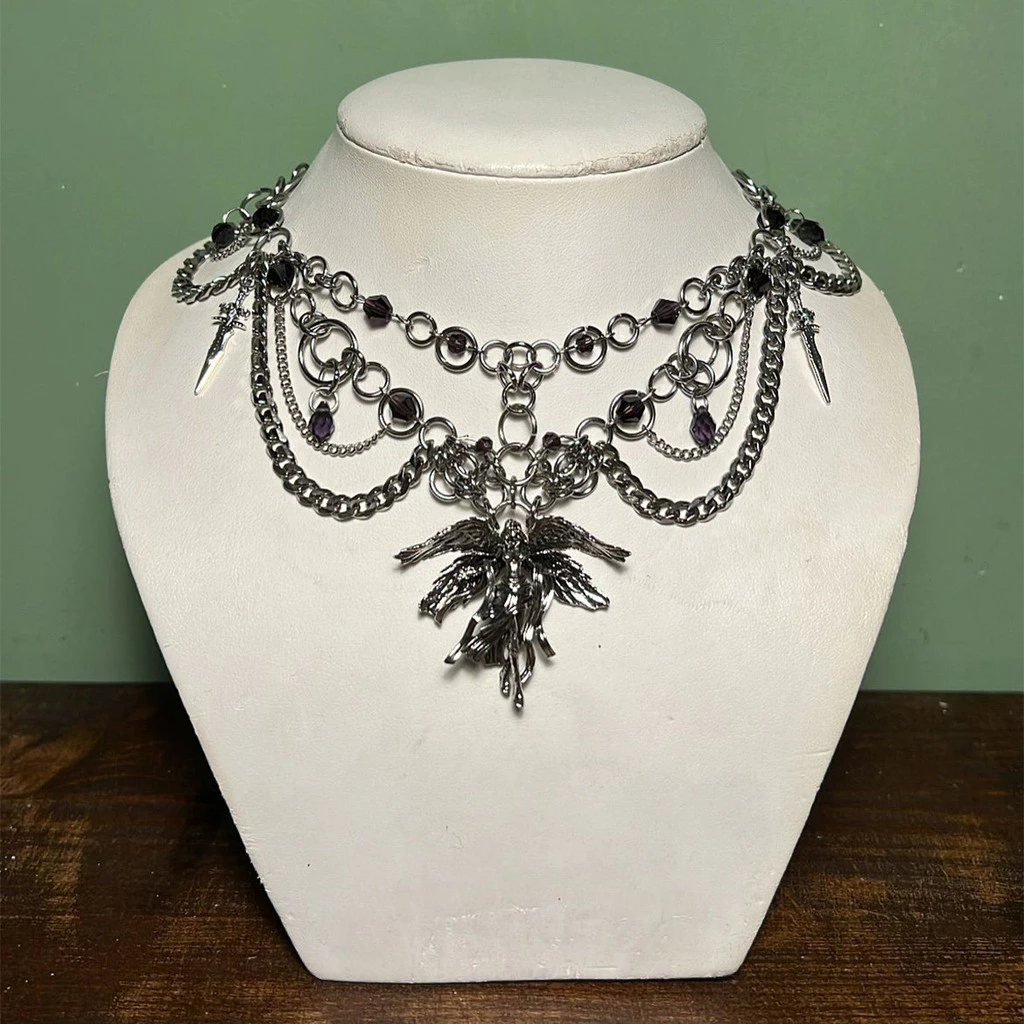 Vòng cổ chữ thập Halloween phong cách retro tối màu, công nghiệp nặng với chuỗi xương đòn - 2