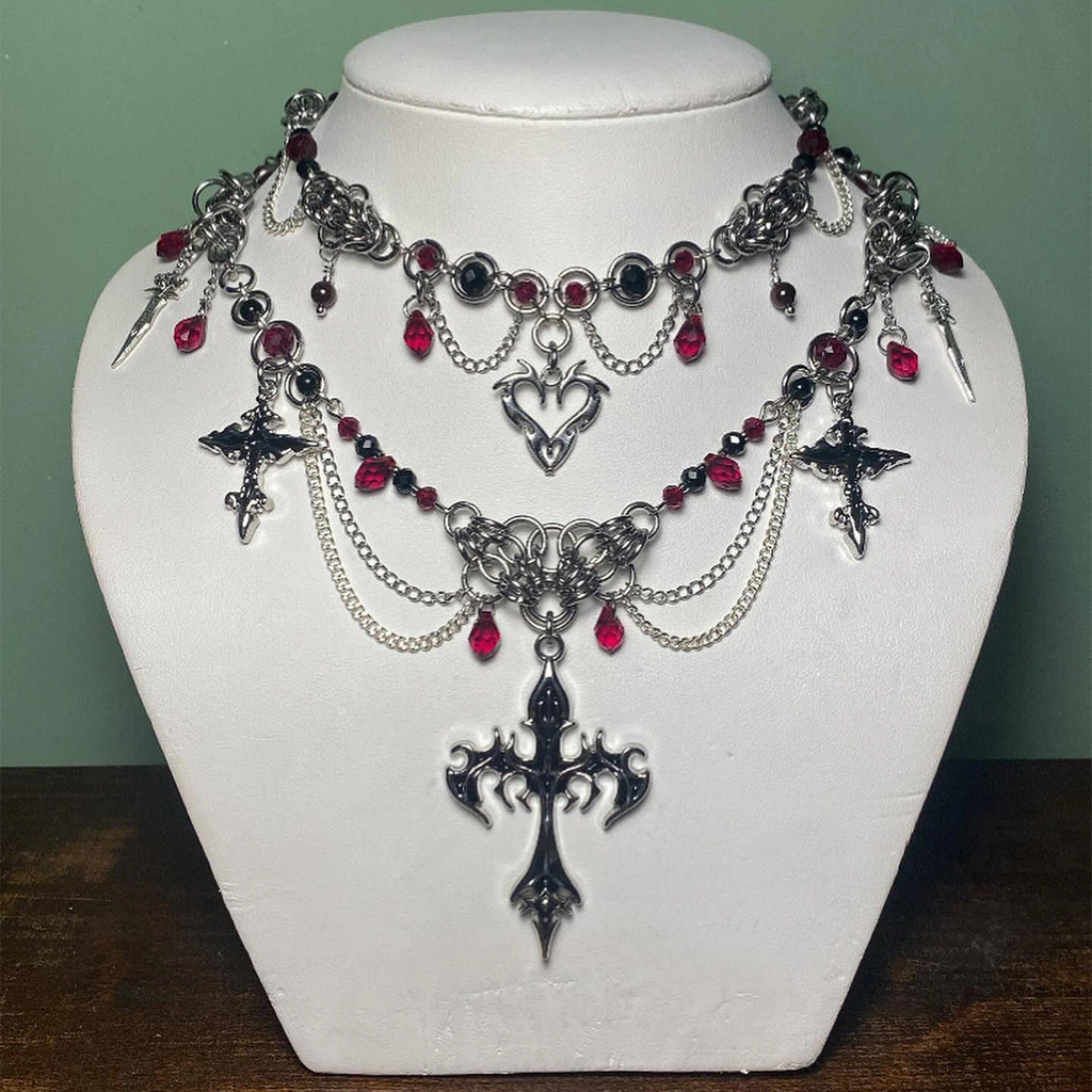 Vòng cổ chữ thập Halloween phong cách retro tối màu, công nghiệp nặng với chuỗi xương đòn - 3