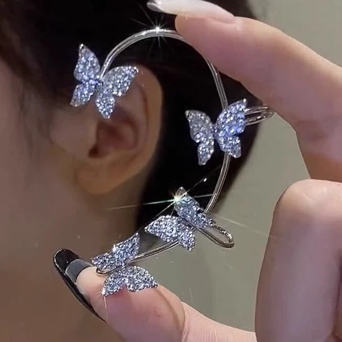 (Bóp chỉnh Khuyên kẹp vành tai (không xỏ lỗ) sang trọng bướm lông vũ đính hạt lấp lánh Tatitava - 3