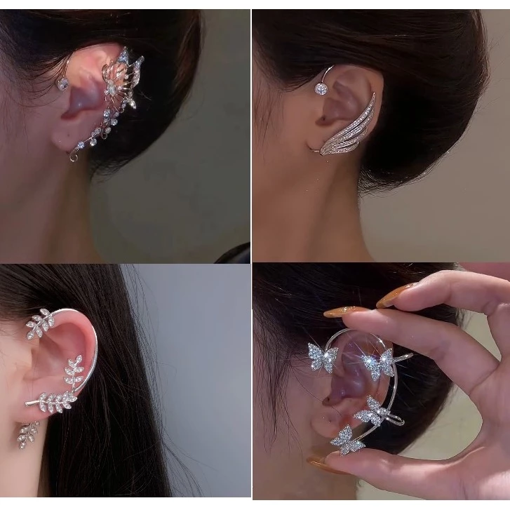 (Bóp chỉnh Khuyên kẹp vành tai (không xỏ lỗ) sang trọng bướm lông vũ đính hạt lấp lánh Tatitava - 5