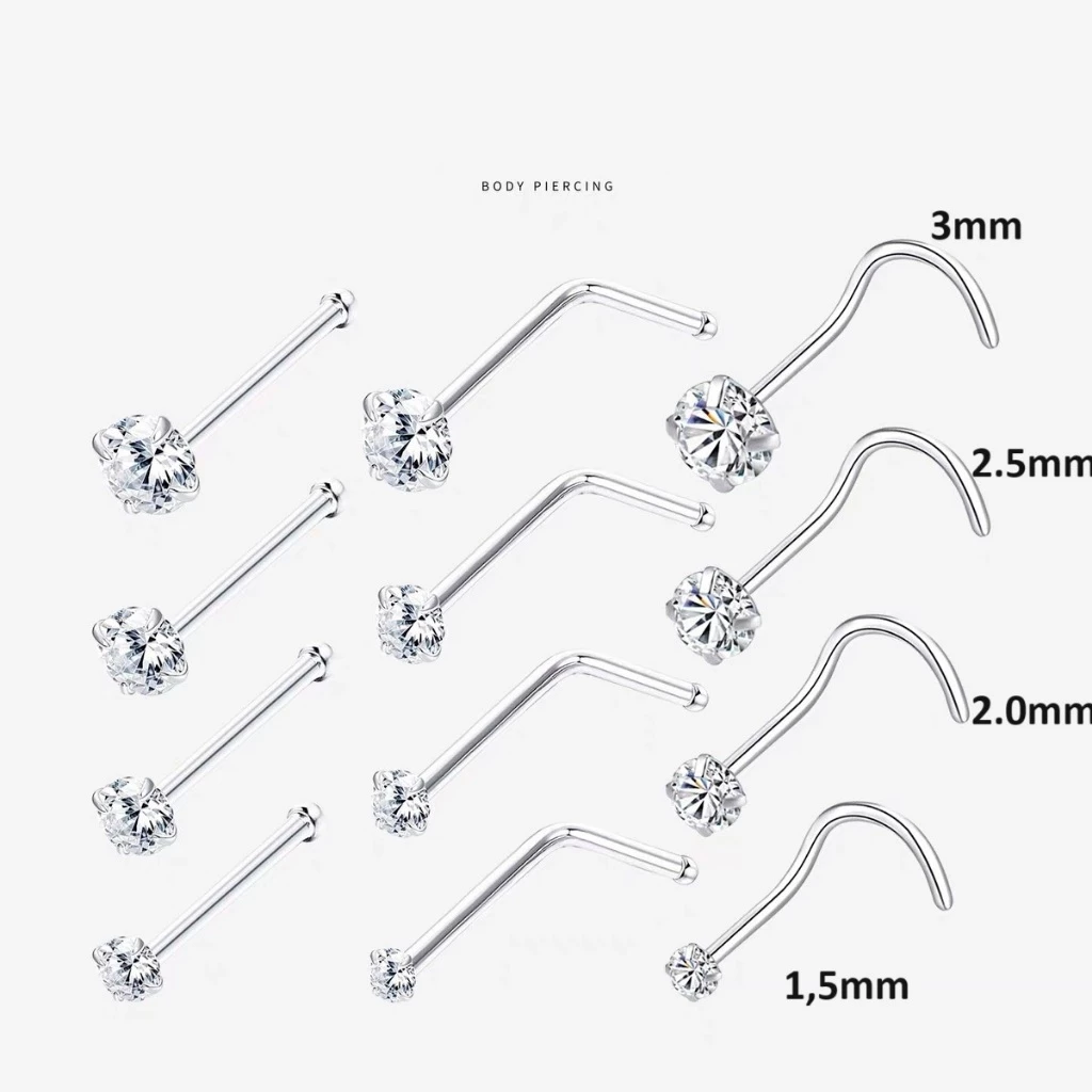 Khuyên cánh mũi nostril titan đính đá 1.5, 2, 2.5, 3mm ,thân L, Cong, Thẳng - 2