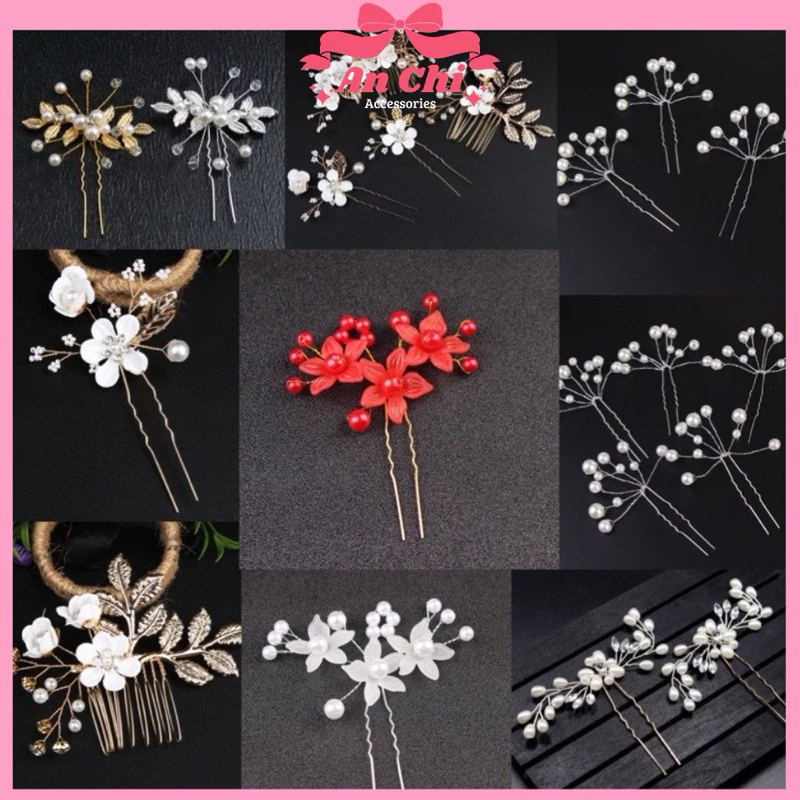 (9 Mẫu) Hoa Cài Tóc Cô Dâu, Bà Sui đá mix hạt trai - 2