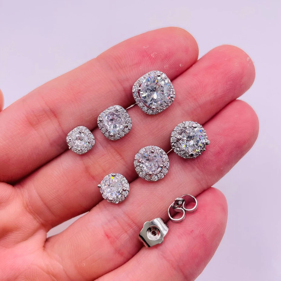 Bông tai titan nụ phối viền vuông, tròn đính đá CZ, Hoa tai đính đá sang trọng, trangsucmoiluatuoi.RIN