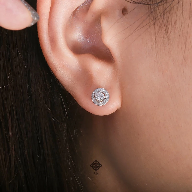 Bông tai titan nụ phối viền vuông, tròn đính đá CZ, Hoa tai đính đá sang trọng, trangsucmoiluatuoi.RIN - 2