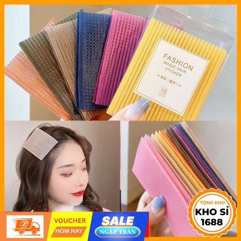 Hộp 10 miếng dán cố định tóc mái, miếng dán tóc nhiều màu tiện dụng, phụ kiện tóc cho nữ, miếng dán định hình tóc E2026