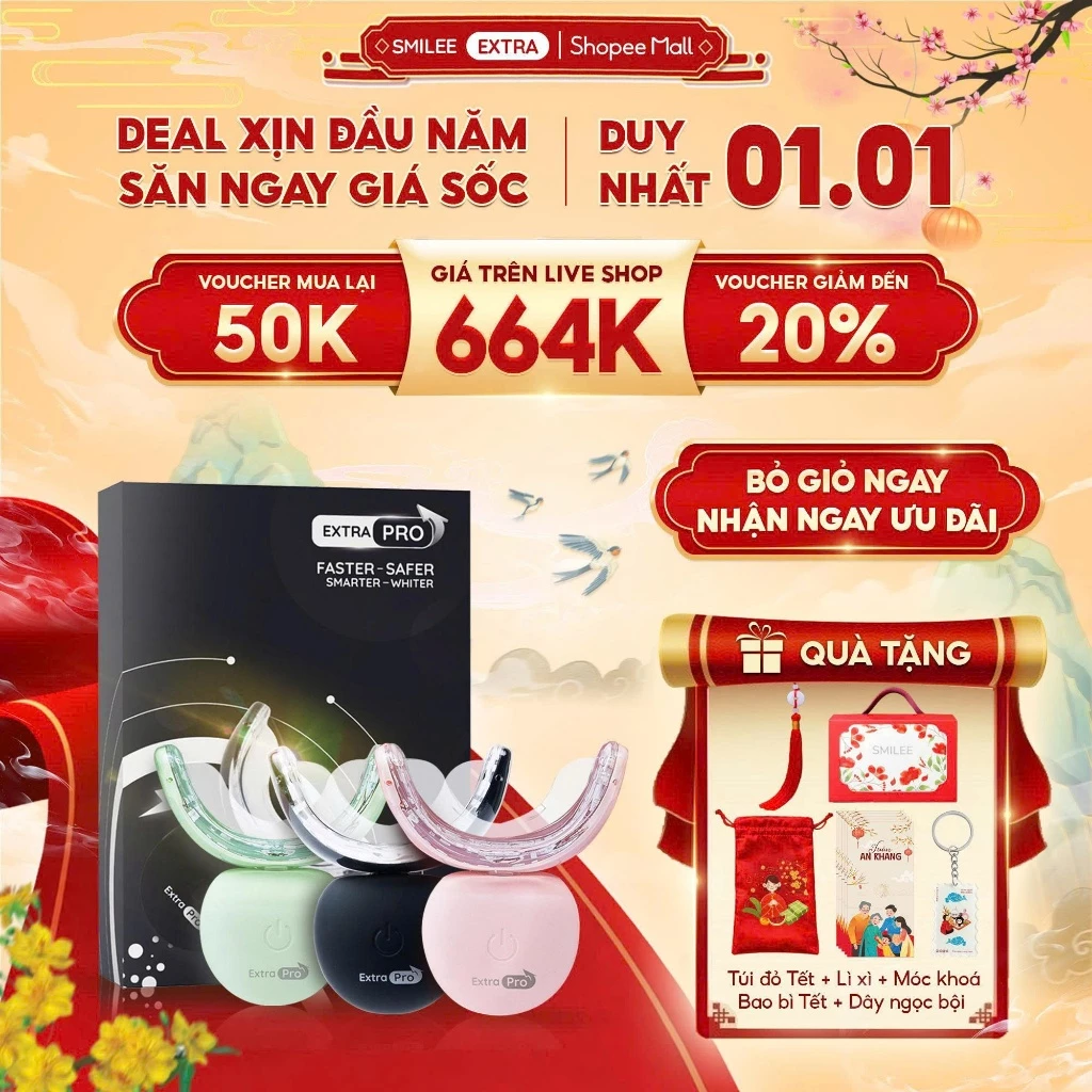 [GIÁ 654K TẠI LIVE SHOP] Trắng răng Smilee Extra, bộ kit làm trắng răng từ 2-6 tone sau một liệu trình. Hàng chính hã