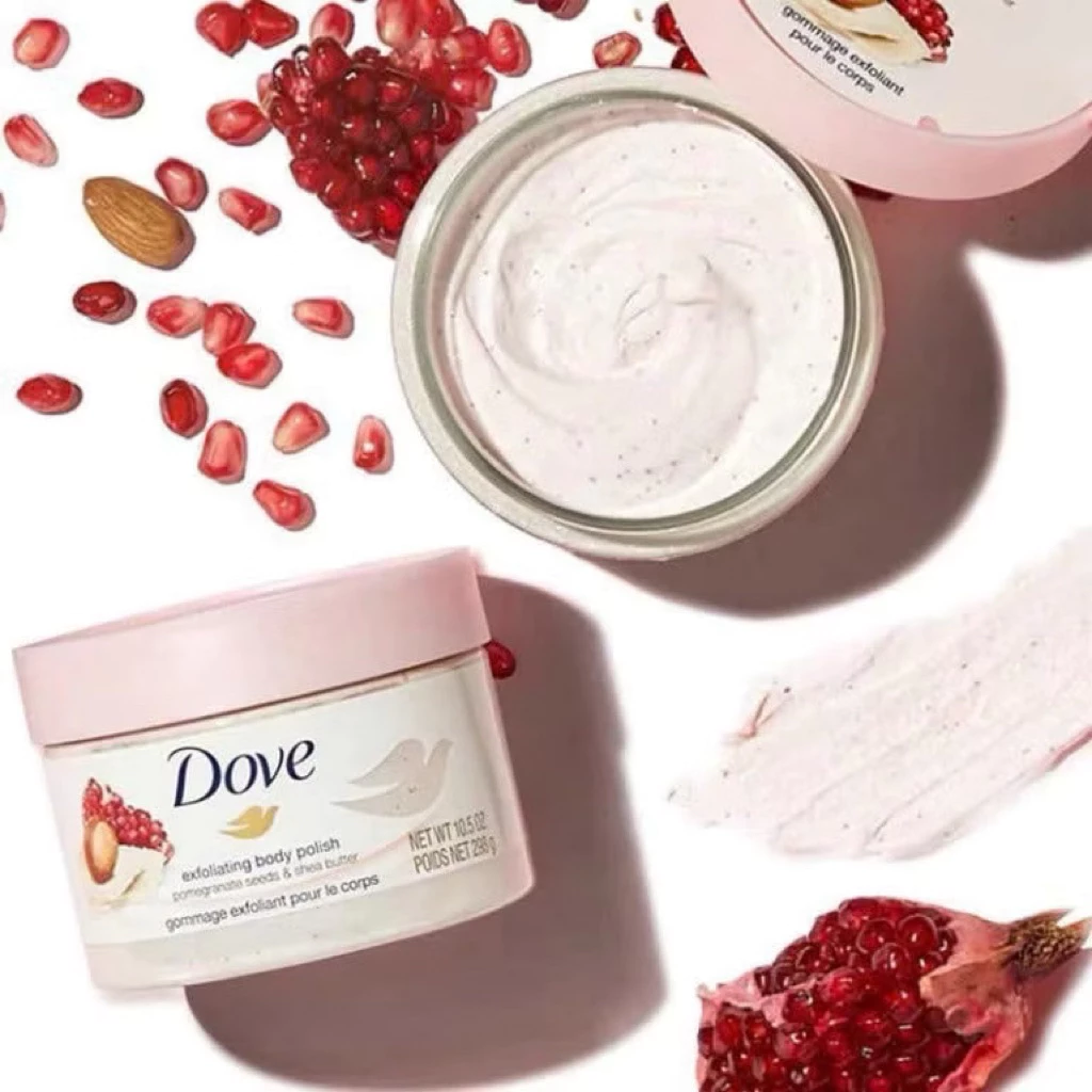 Kem Tẩy Tế Bào Chết Dove Lựu Đỏ Sáng Mịn, Chăm Da Dưỡng Trắng Da Hiệu Quả 298g