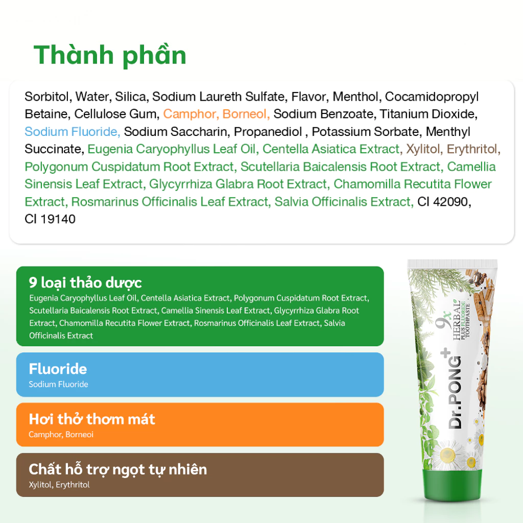 Kem đánh răng 9 loại thảo dược hỗ trợ giảm viêm lợi, hỗ trợ giảm mùi hôi miệng Dr.PONG 9x herbal plus fluoride toothpast - 6